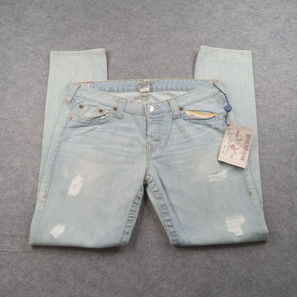 True Religion Jeans Mens 31 Light Wash Distressed Slim Fit Made In‎ USA Denim